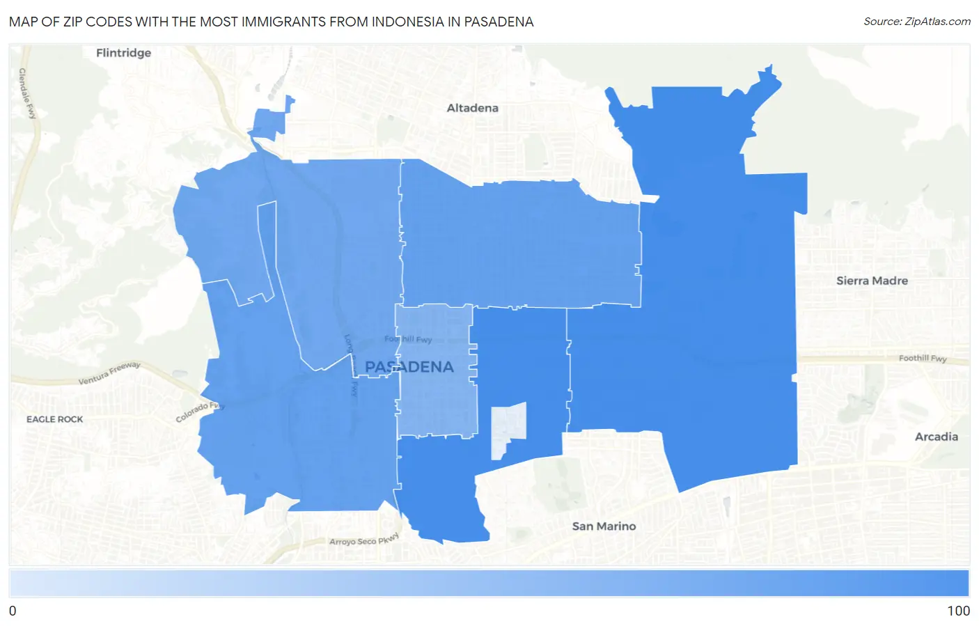 Zip Codes with the Most Immigrants from Indonesia in Pasadena Map
