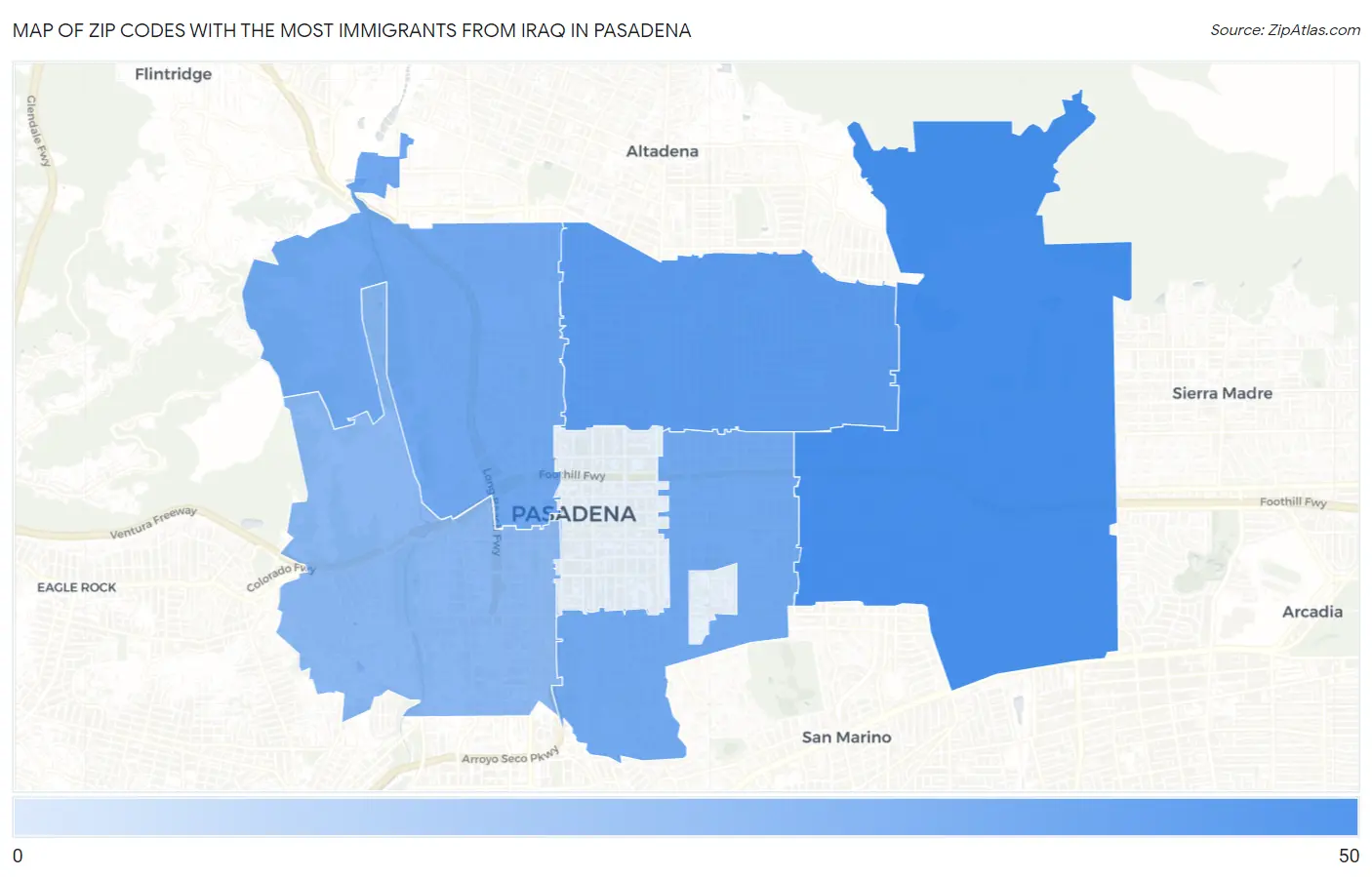 Zip Codes with the Most Immigrants from Iraq in Pasadena Map