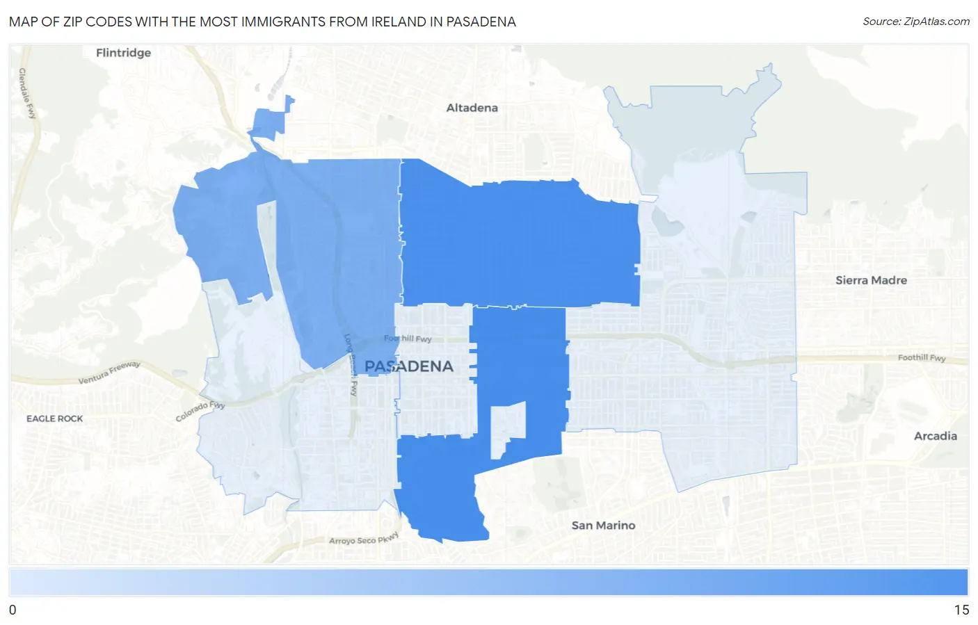 Zip Codes with the Most Immigrants from Ireland in Pasadena Map