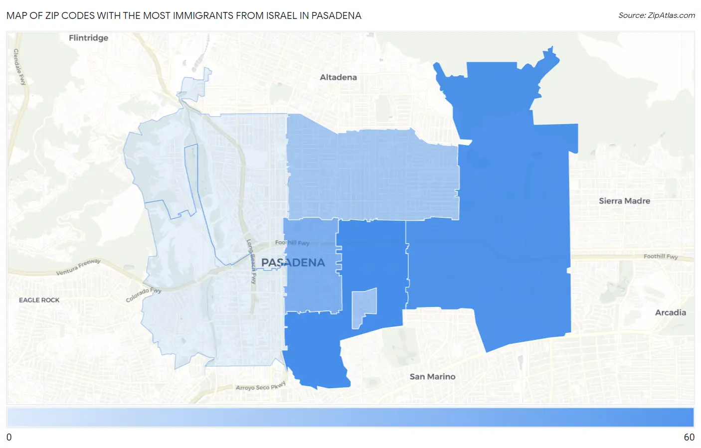 Zip Codes with the Most Immigrants from Israel in Pasadena Map