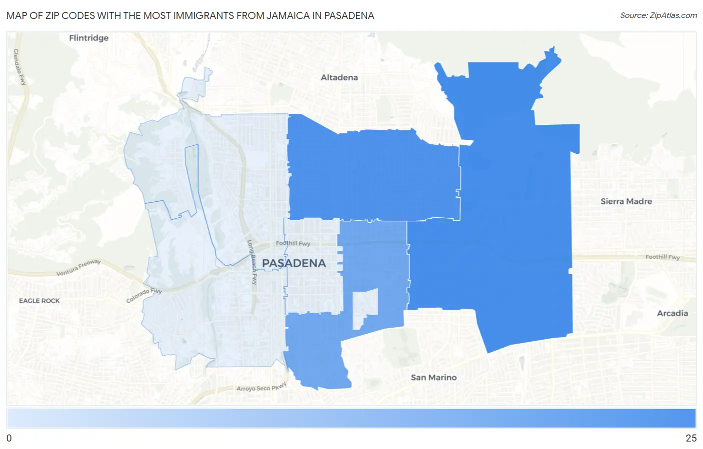 Zip Codes with the Most Immigrants from Jamaica in Pasadena Map