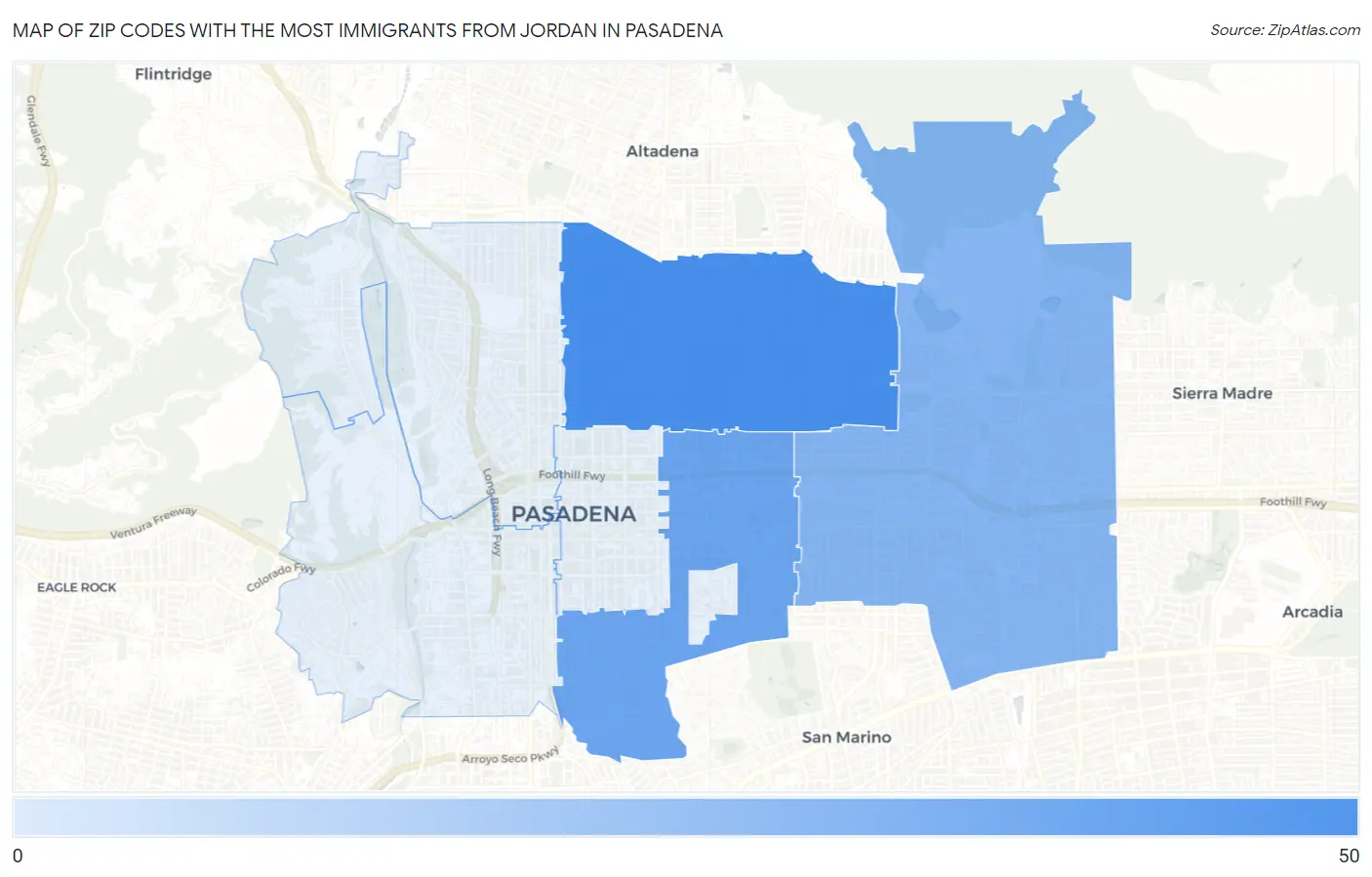 Zip Codes with the Most Immigrants from Jordan in Pasadena Map