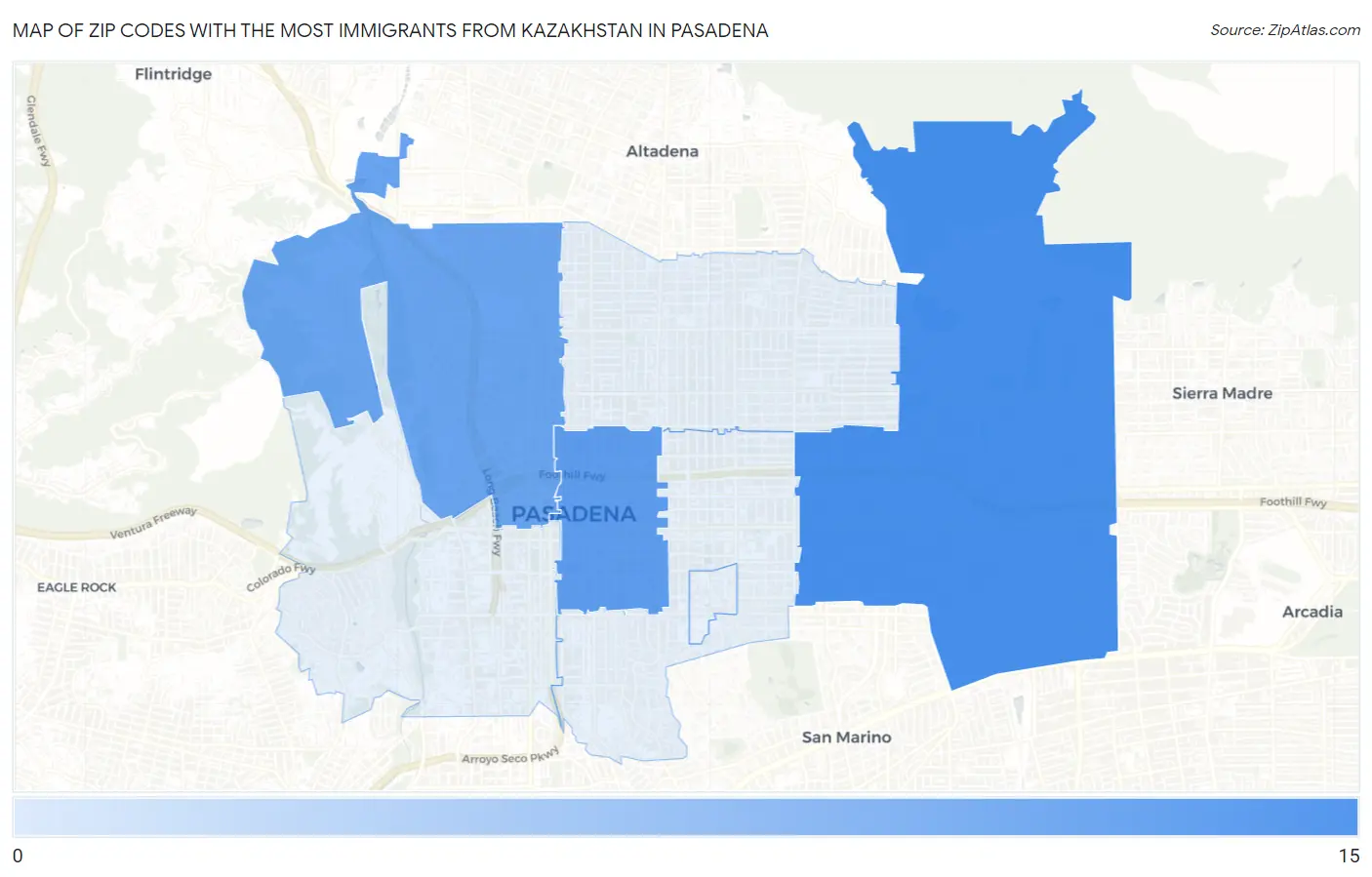 Zip Codes with the Most Immigrants from Kazakhstan in Pasadena Map