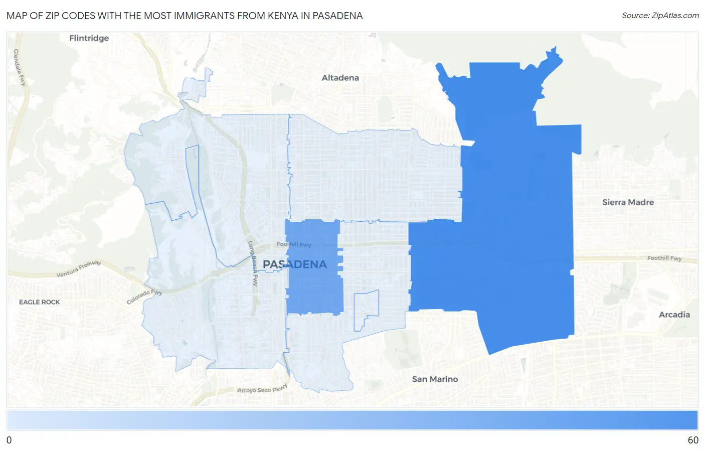 Zip Codes with the Most Immigrants from Kenya in Pasadena Map