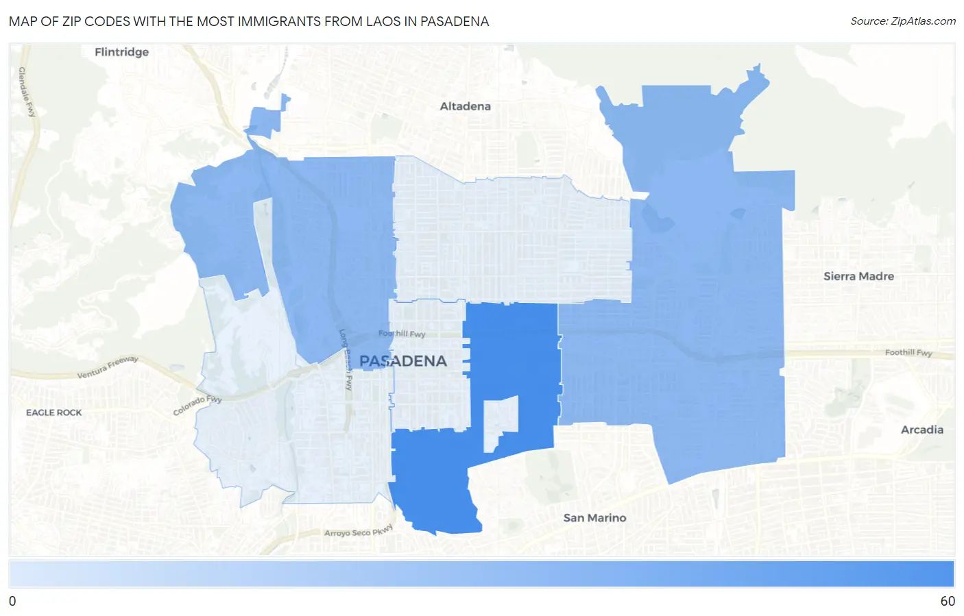 Zip Codes with the Most Immigrants from Laos in Pasadena Map