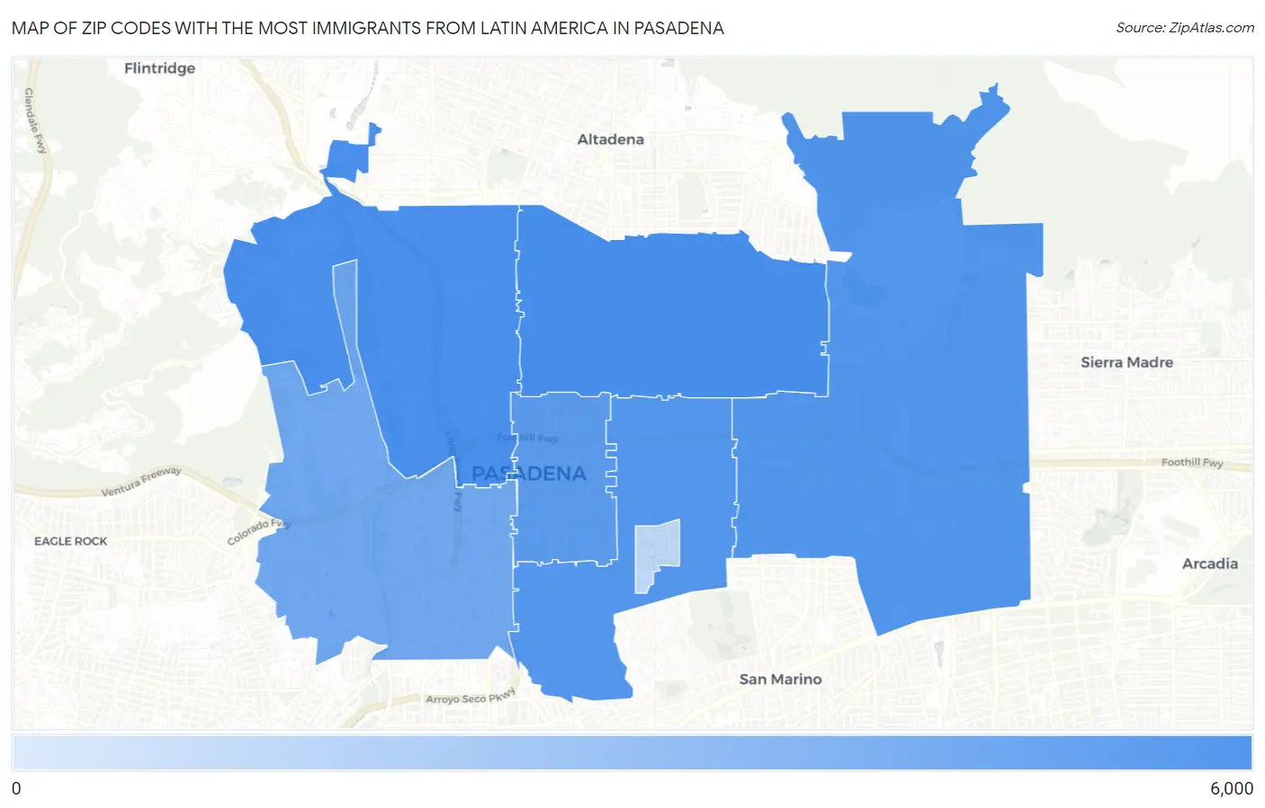 Zip Codes with the Most Immigrants from Latin America in Pasadena Map