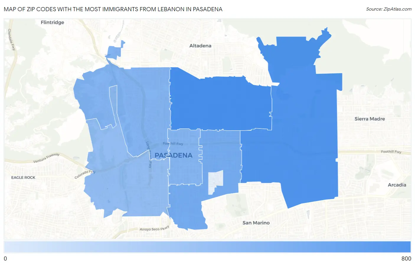Zip Codes with the Most Immigrants from Lebanon in Pasadena Map