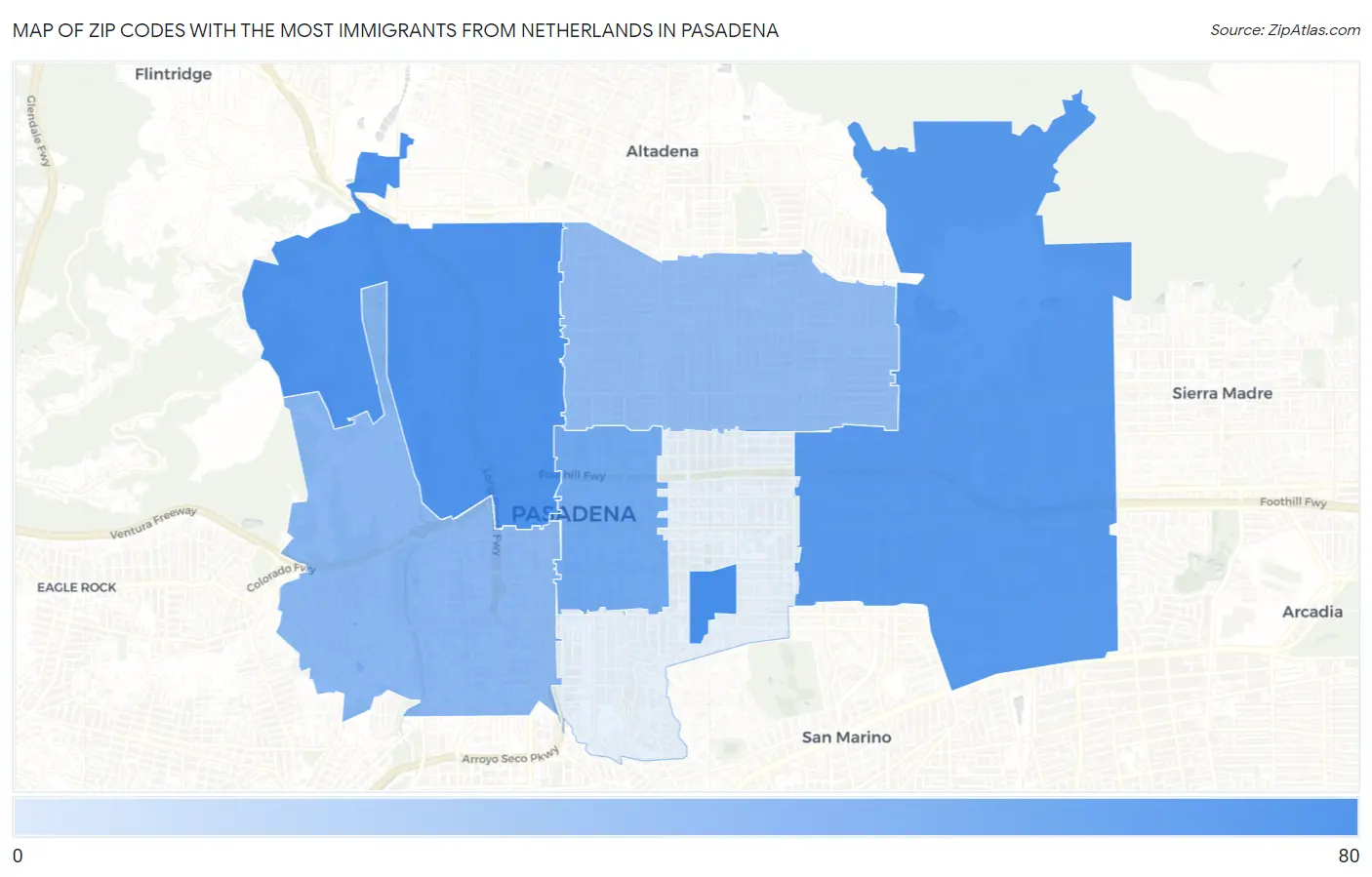 Zip Codes with the Most Immigrants from Netherlands in Pasadena Map