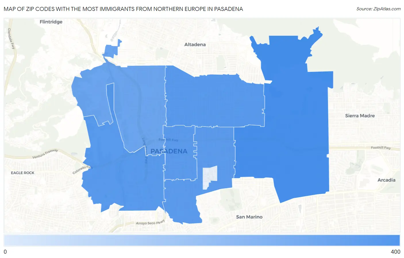 Zip Codes with the Most Immigrants from Northern Europe in Pasadena Map