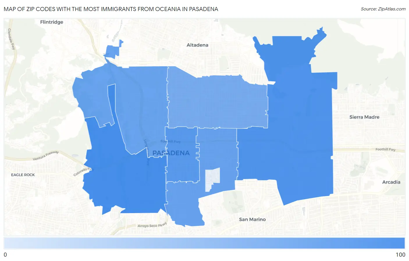 Zip Codes with the Most Immigrants from Oceania in Pasadena Map