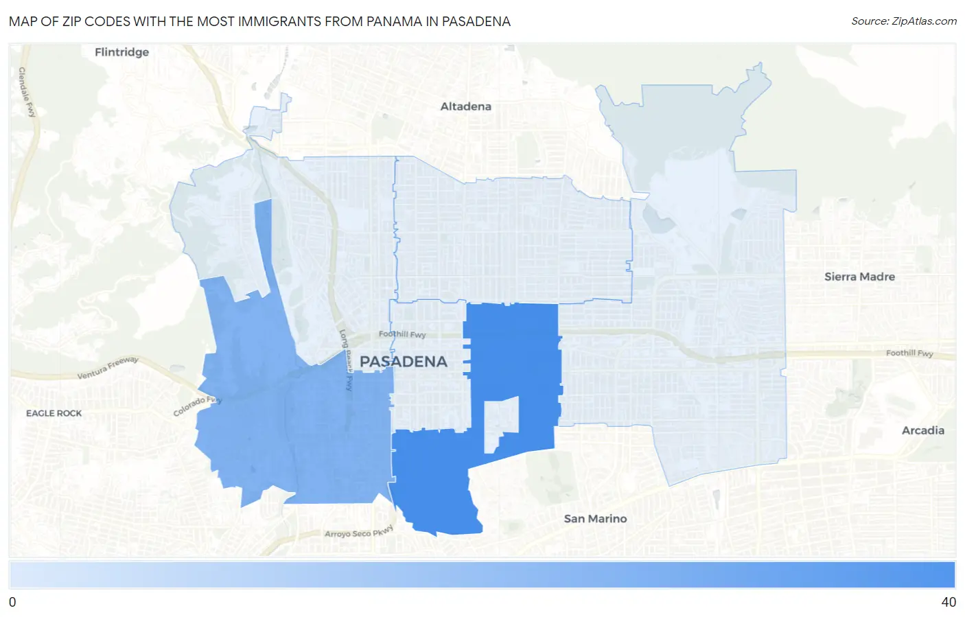 Zip Codes with the Most Immigrants from Panama in Pasadena Map
