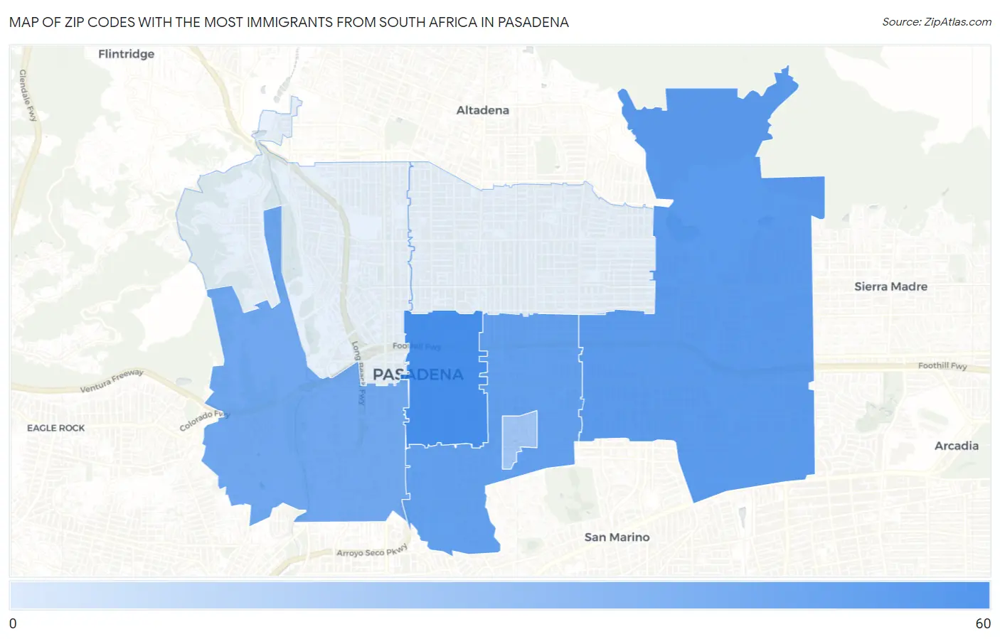 Zip Codes with the Most Immigrants from South Africa in Pasadena Map
