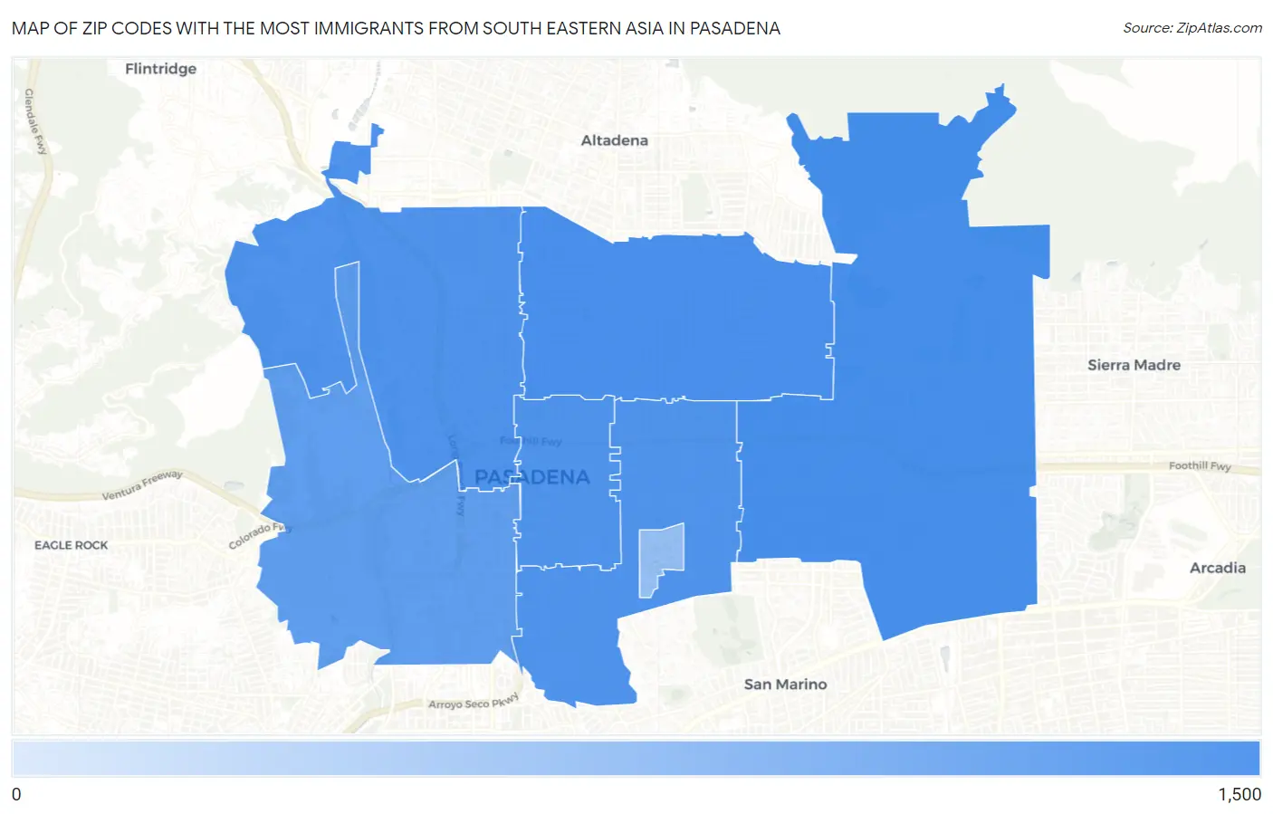 Zip Codes with the Most Immigrants from South Eastern Asia in Pasadena Map