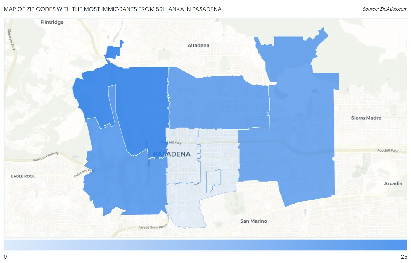 Zip Codes with the Most Immigrants from Sri Lanka in Pasadena Map