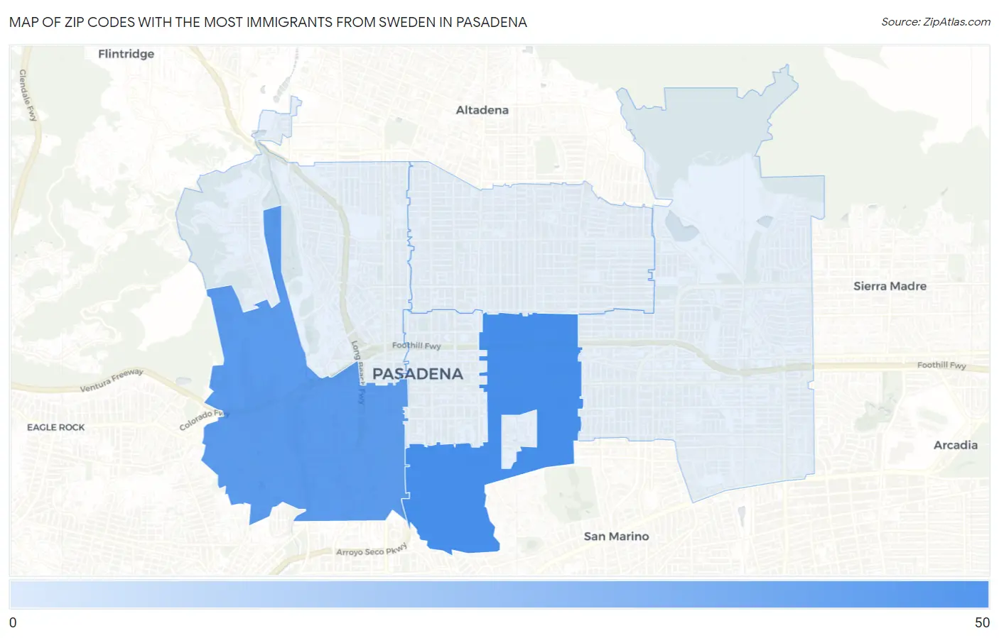 Zip Codes with the Most Immigrants from Sweden in Pasadena Map