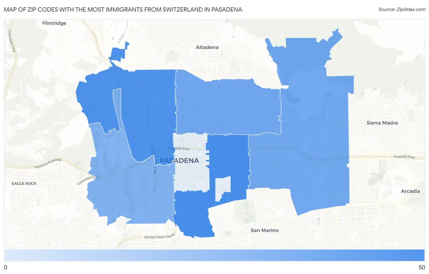 Zip Codes with the Most Immigrants from Switzerland in Pasadena Map