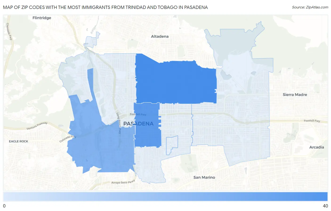 Zip Codes with the Most Immigrants from Trinidad and Tobago in Pasadena Map