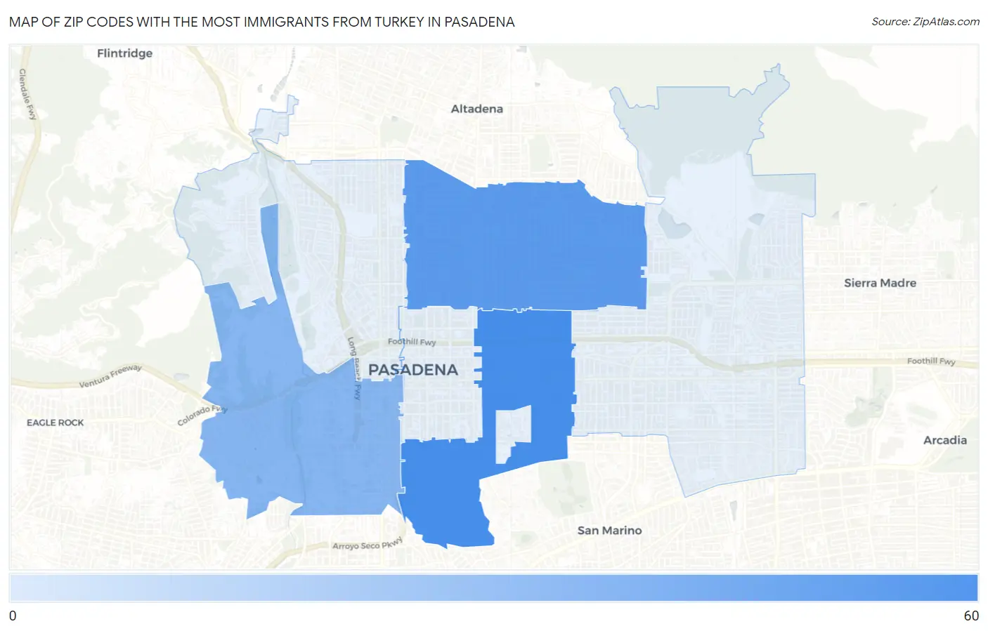 Zip Codes with the Most Immigrants from Turkey in Pasadena Map