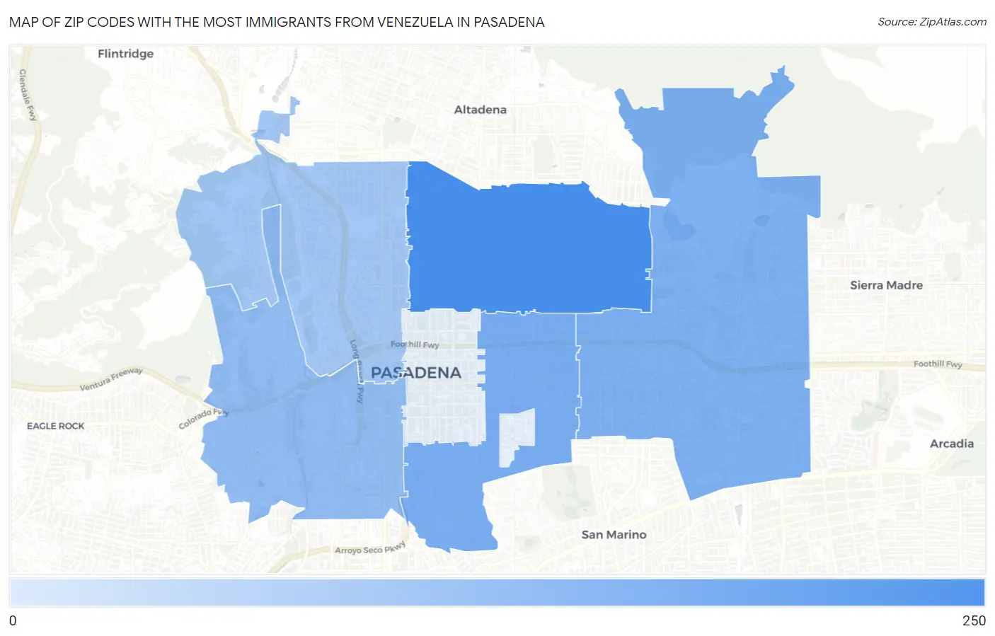 Zip Codes with the Most Immigrants from Venezuela in Pasadena Map
