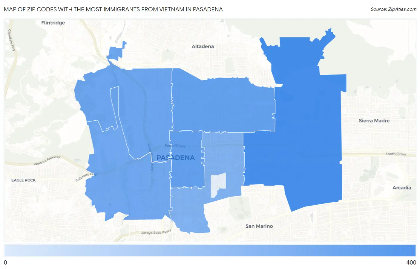 Zip Codes with the Most Immigrants from Vietnam in Pasadena Map