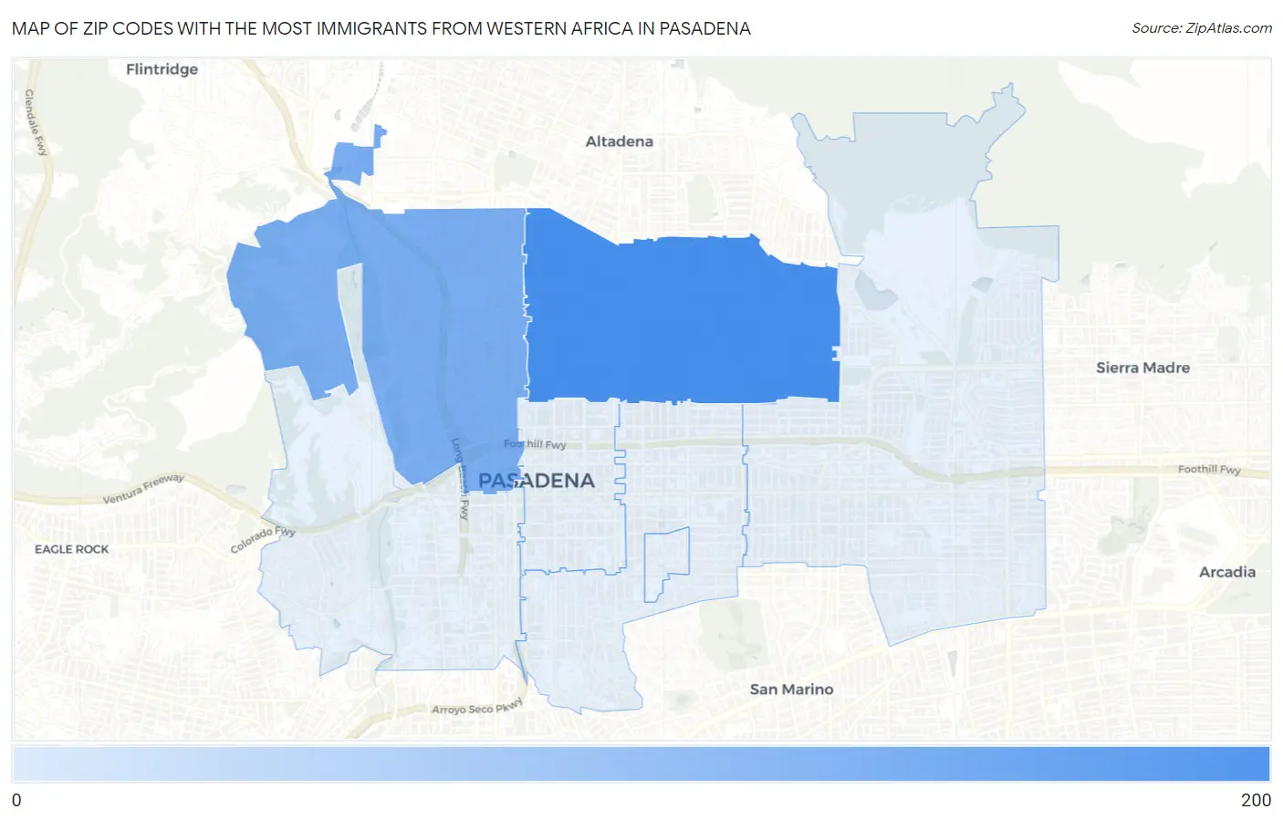 Zip Codes with the Most Immigrants from Western Africa in Pasadena Map