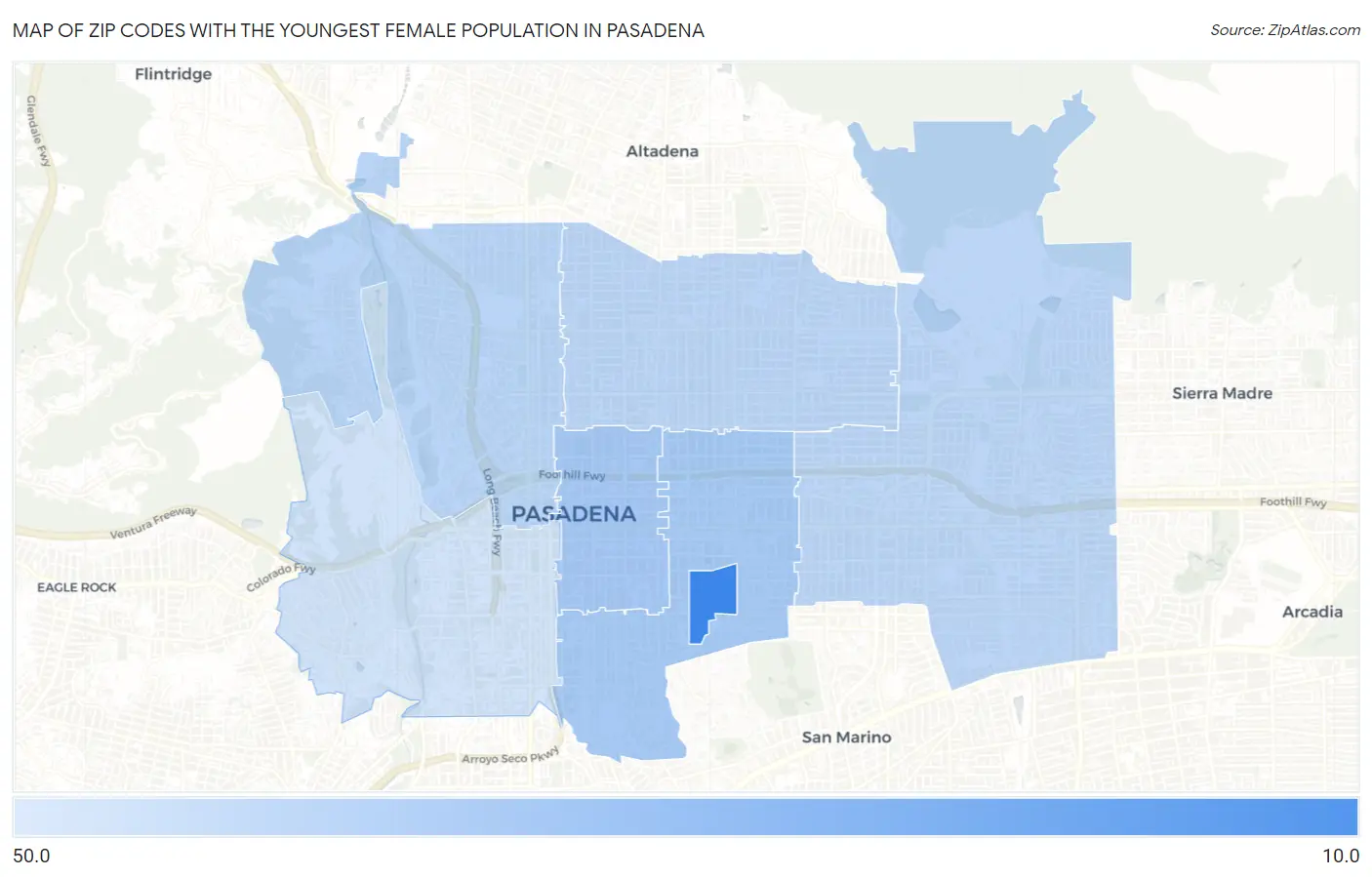 Zip Codes with the Youngest Female Population in Pasadena Map