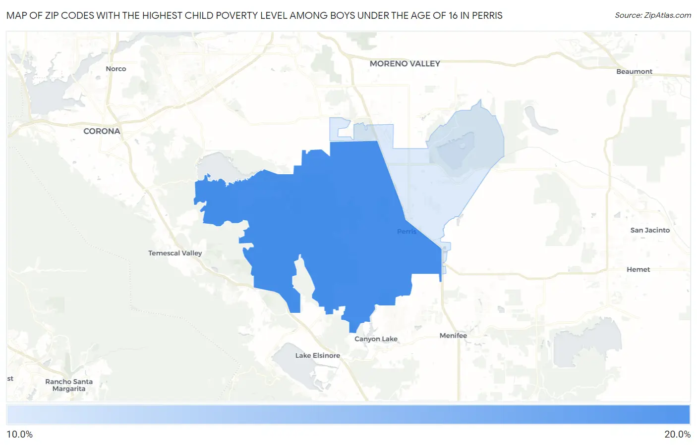 Zip Codes with the Highest Child Poverty Level Among Boys Under the Age of 16 in Perris Map