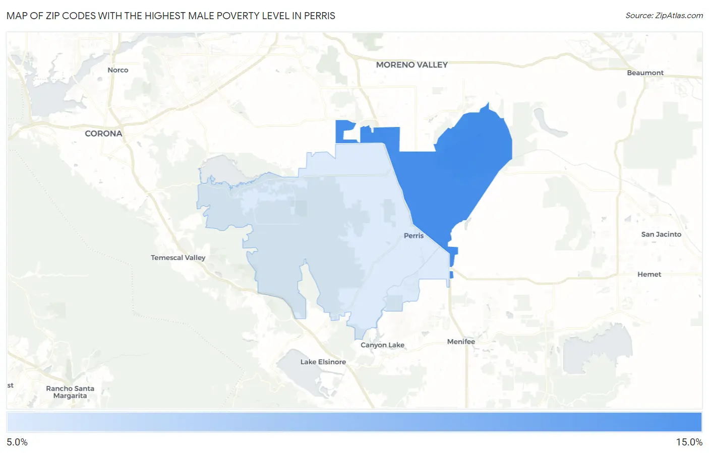 Zip Codes with the Highest Male Poverty Level in Perris Map