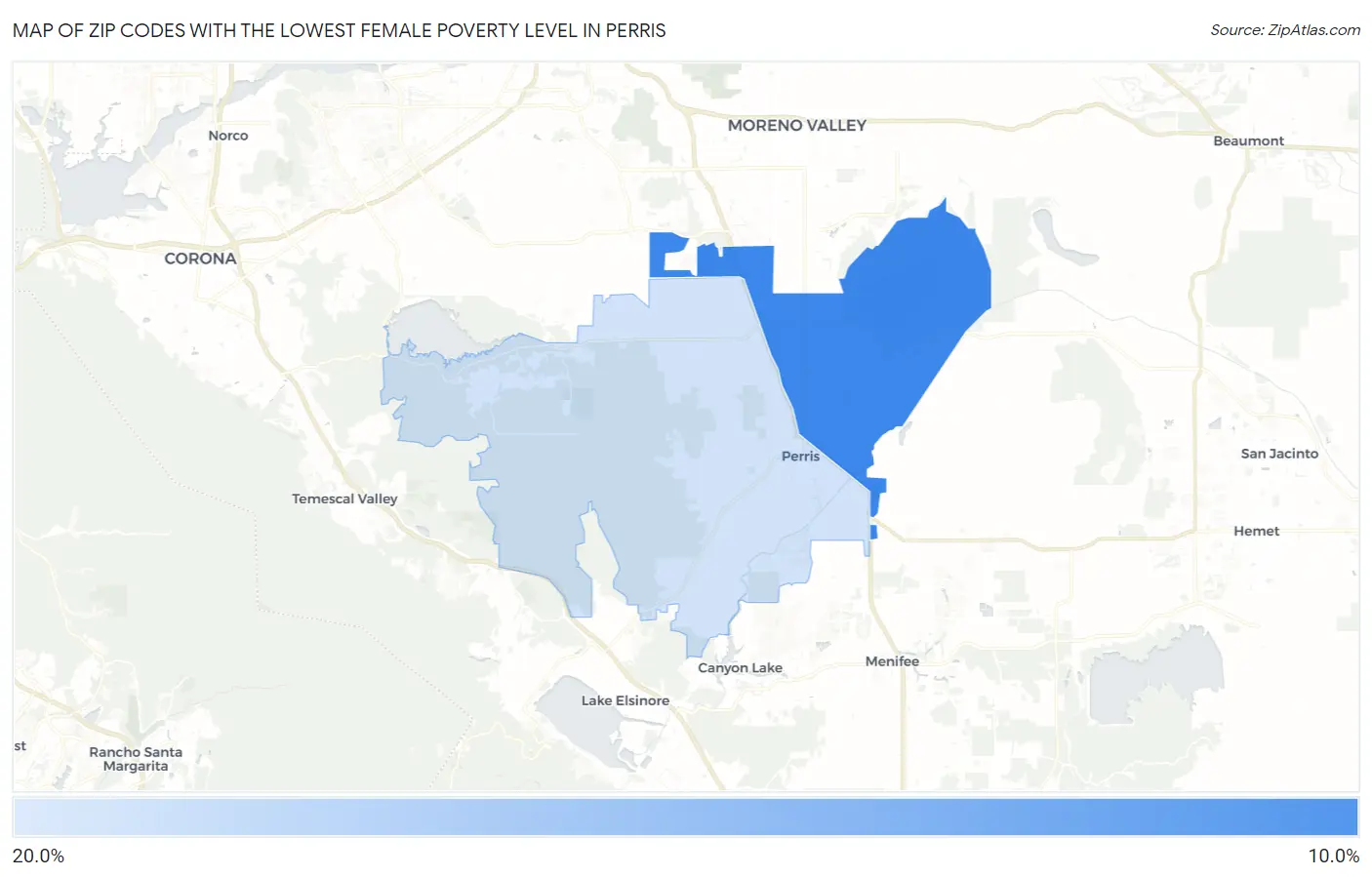 Zip Codes with the Lowest Female Poverty Level in Perris Map