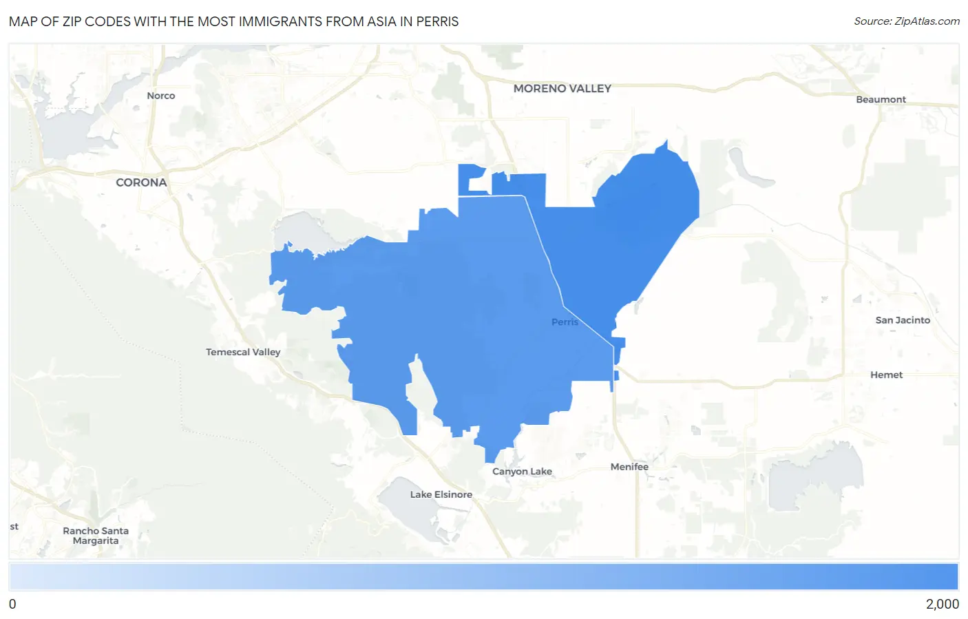 Zip Codes with the Most Immigrants from Asia in Perris Map