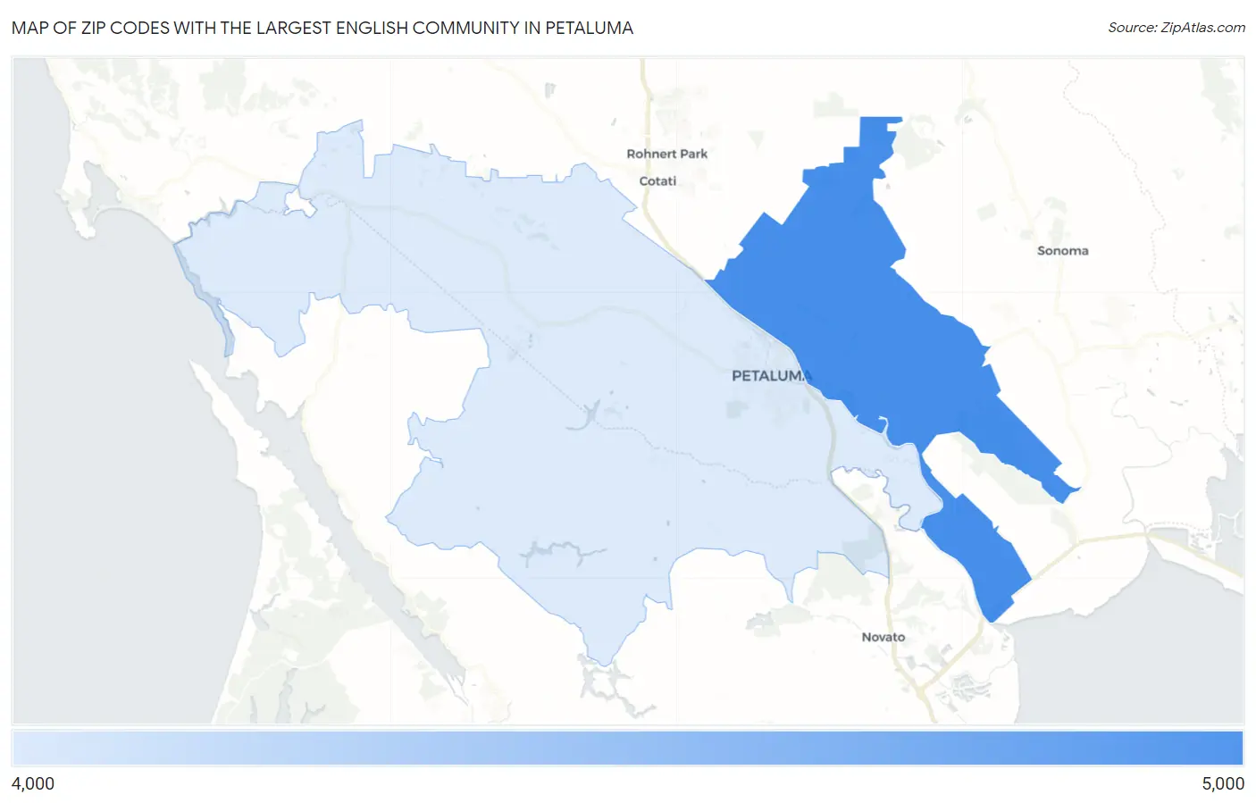 Zip Codes with the Largest English Community in Petaluma Map