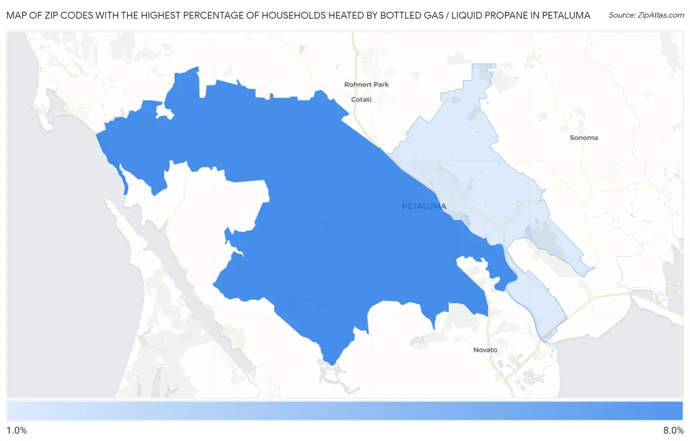 Zip Codes with the Highest Percentage of Households Heated by Bottled Gas / Liquid Propane in Petaluma Map