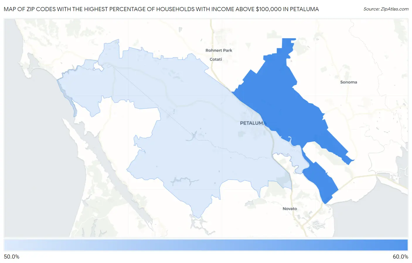 Zip Codes with the Highest Percentage of Households with Income Above $100,000 in Petaluma Map