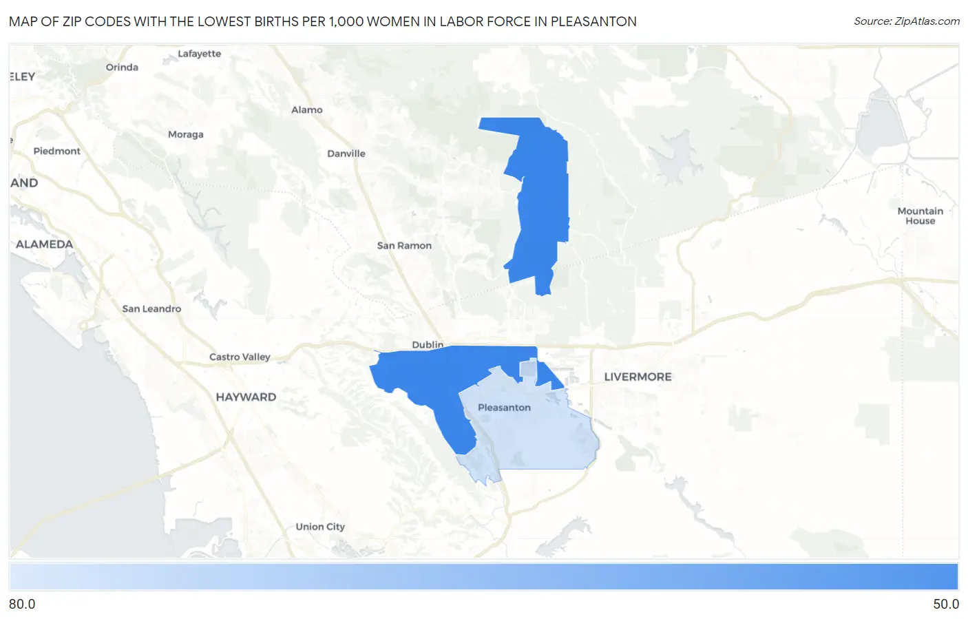 Zip Codes with the Lowest Births per 1,000 Women in Labor Force in Pleasanton Map