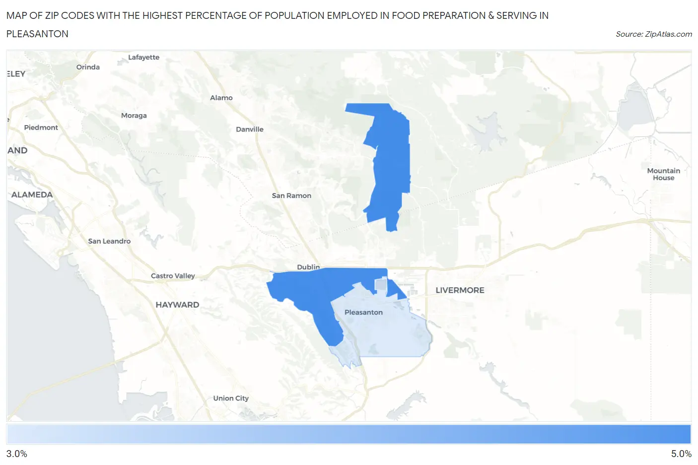 Zip Codes with the Highest Percentage of Population Employed in Food Preparation & Serving in Pleasanton Map