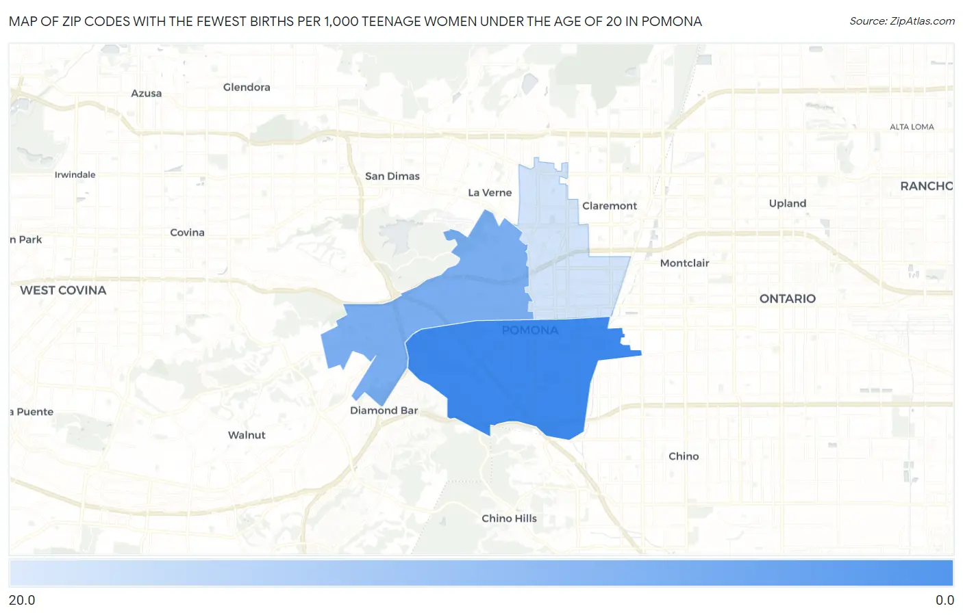 Zip Codes with the Fewest Births per 1,000 Teenage Women Under the Age of 20 in Pomona Map