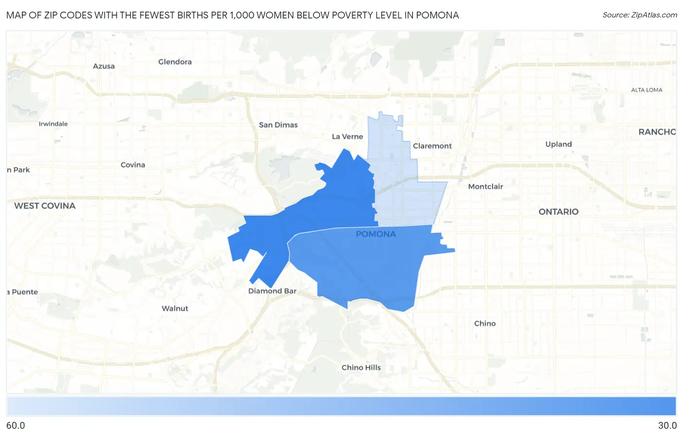 Zip Codes with the Fewest Births per 1,000 Women Below Poverty Level in Pomona Map