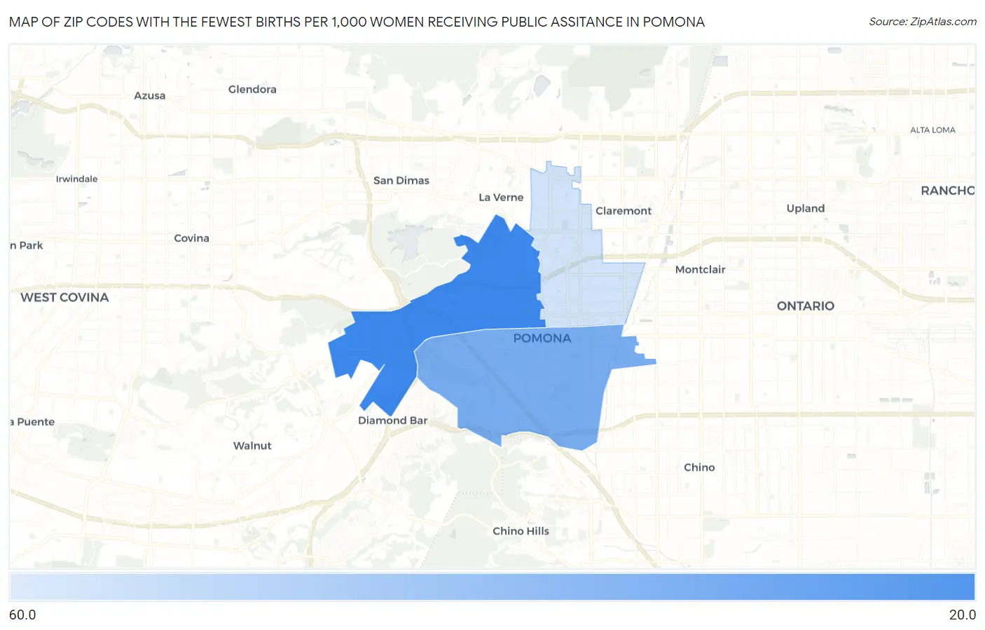 Zip Codes with the Fewest Births per 1,000 Women Receiving Public Assitance in Pomona Map