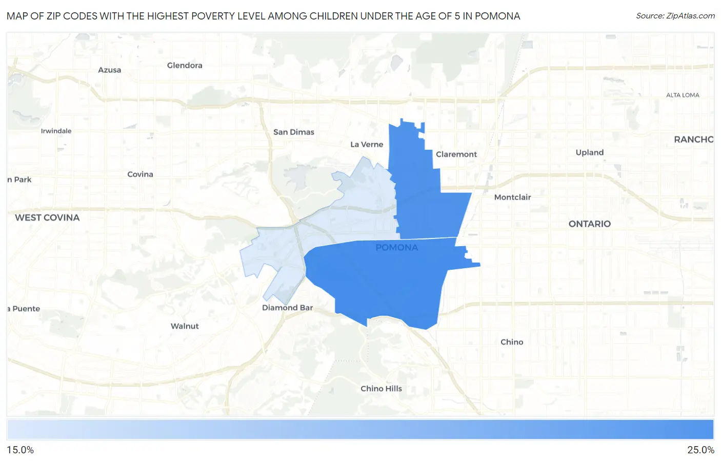 Zip Codes with the Highest Poverty Level Among Children Under the Age of 5 in Pomona Map
