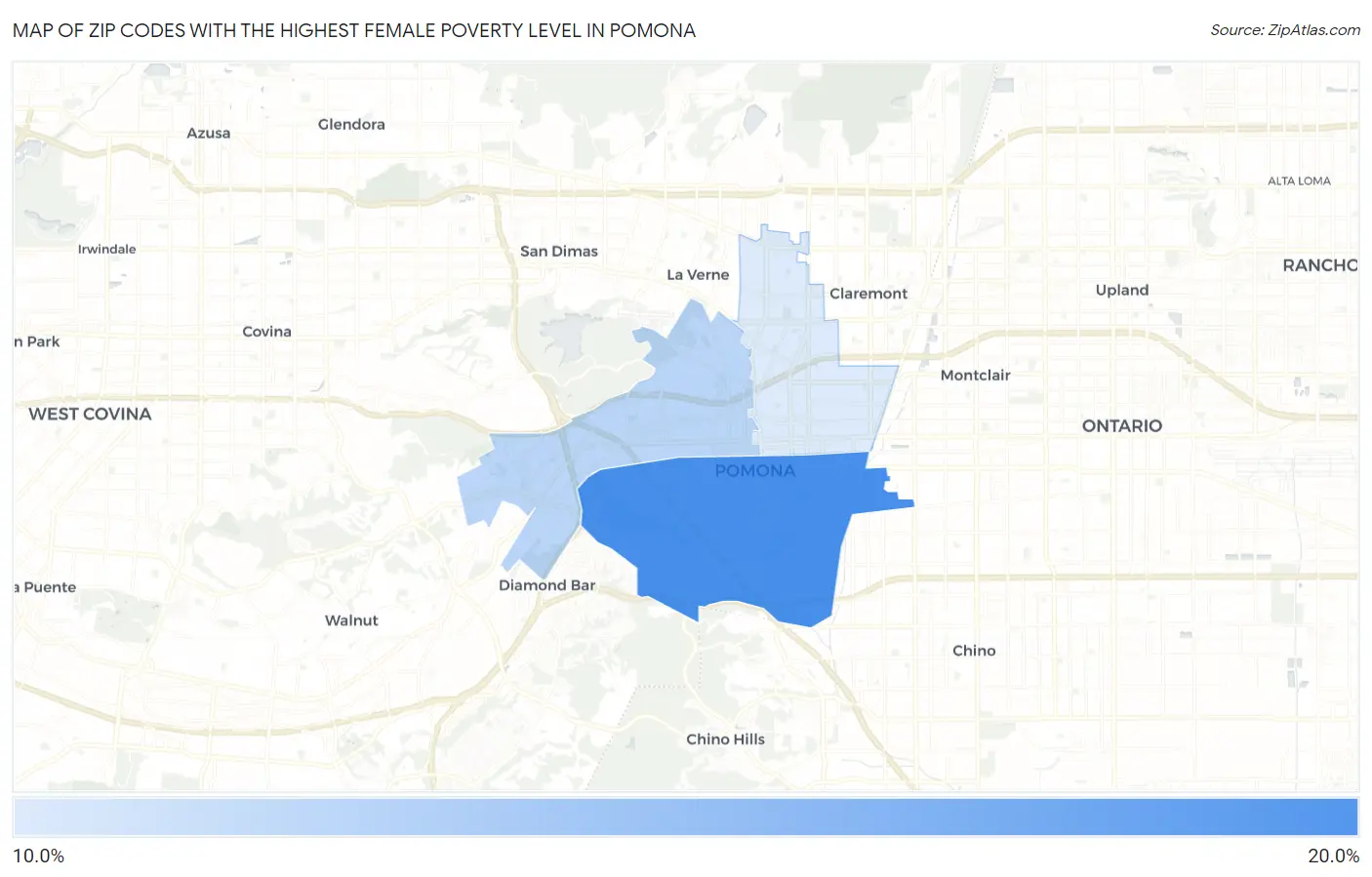 Zip Codes with the Highest Female Poverty Level in Pomona Map