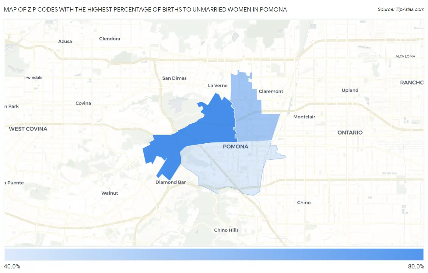 Zip Codes with the Highest Percentage of Births to Unmarried Women in Pomona Map