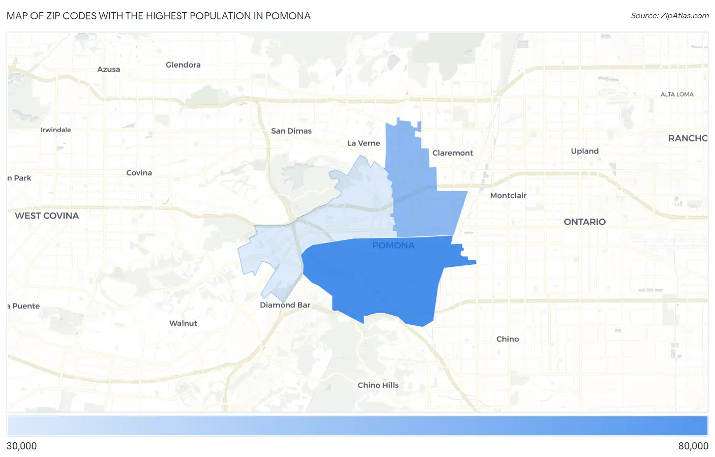 Zip Codes with the Highest Population in Pomona Map