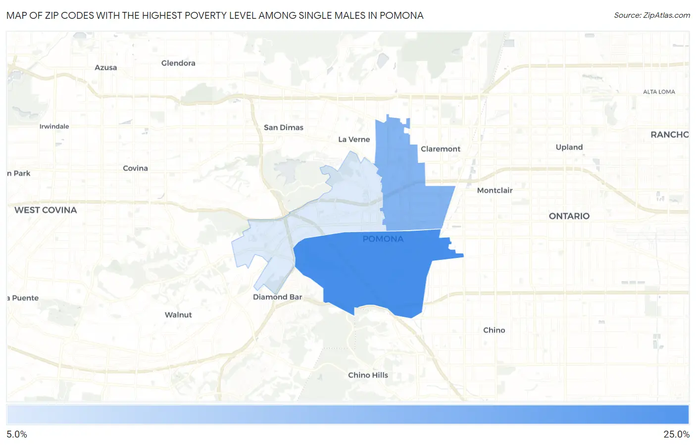 Zip Codes with the Highest Poverty Level Among Single Males in Pomona Map
