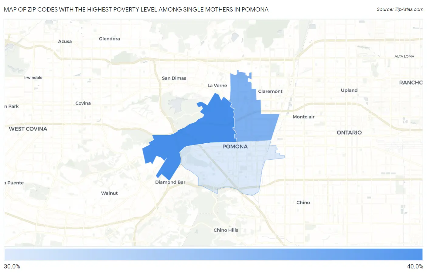 Zip Codes with the Highest Poverty Level Among Single Mothers in Pomona Map