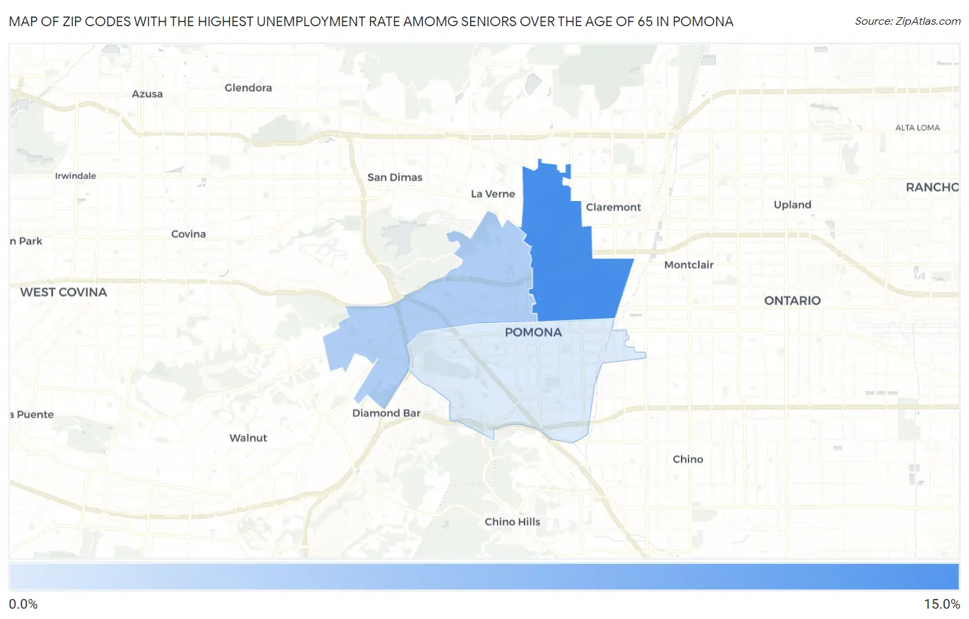 Zip Codes with the Highest Unemployment Rate Amomg Seniors Over the Age of 65 in Pomona Map