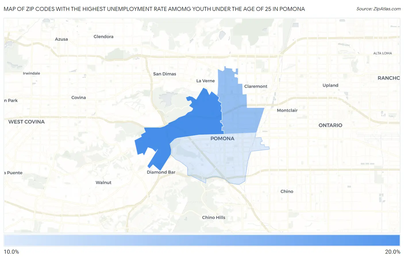 Zip Codes with the Highest Unemployment Rate Amomg Youth Under the Age of 25 in Pomona Map