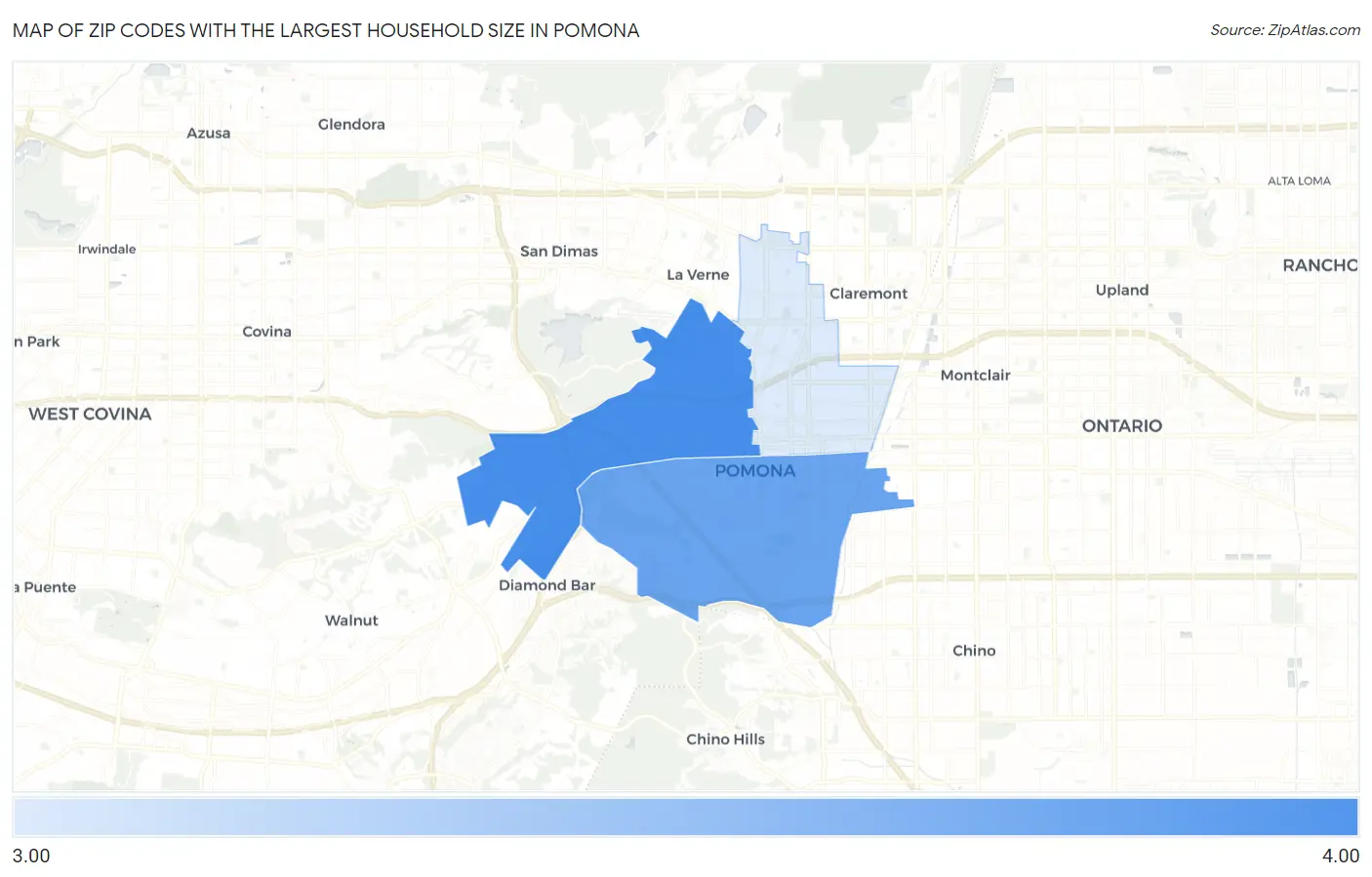 Zip Codes with the Largest Household Size in Pomona Map
