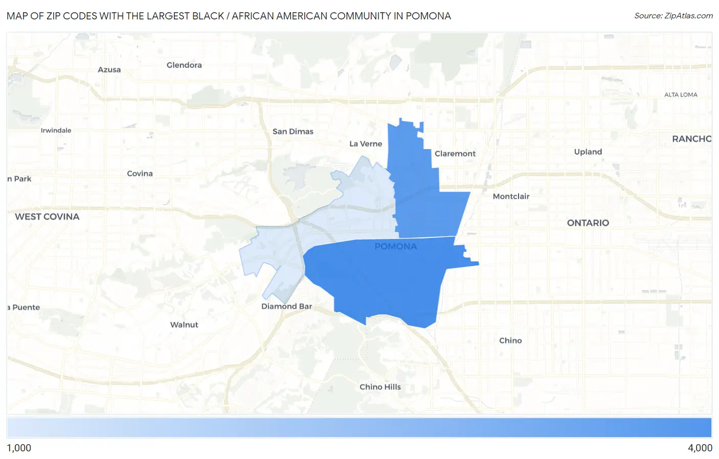 Zip Codes with the Largest Black / African American Community in Pomona Map
