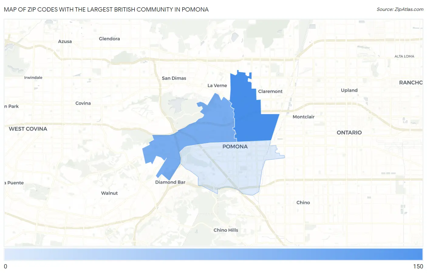 Zip Codes with the Largest British Community in Pomona Map
