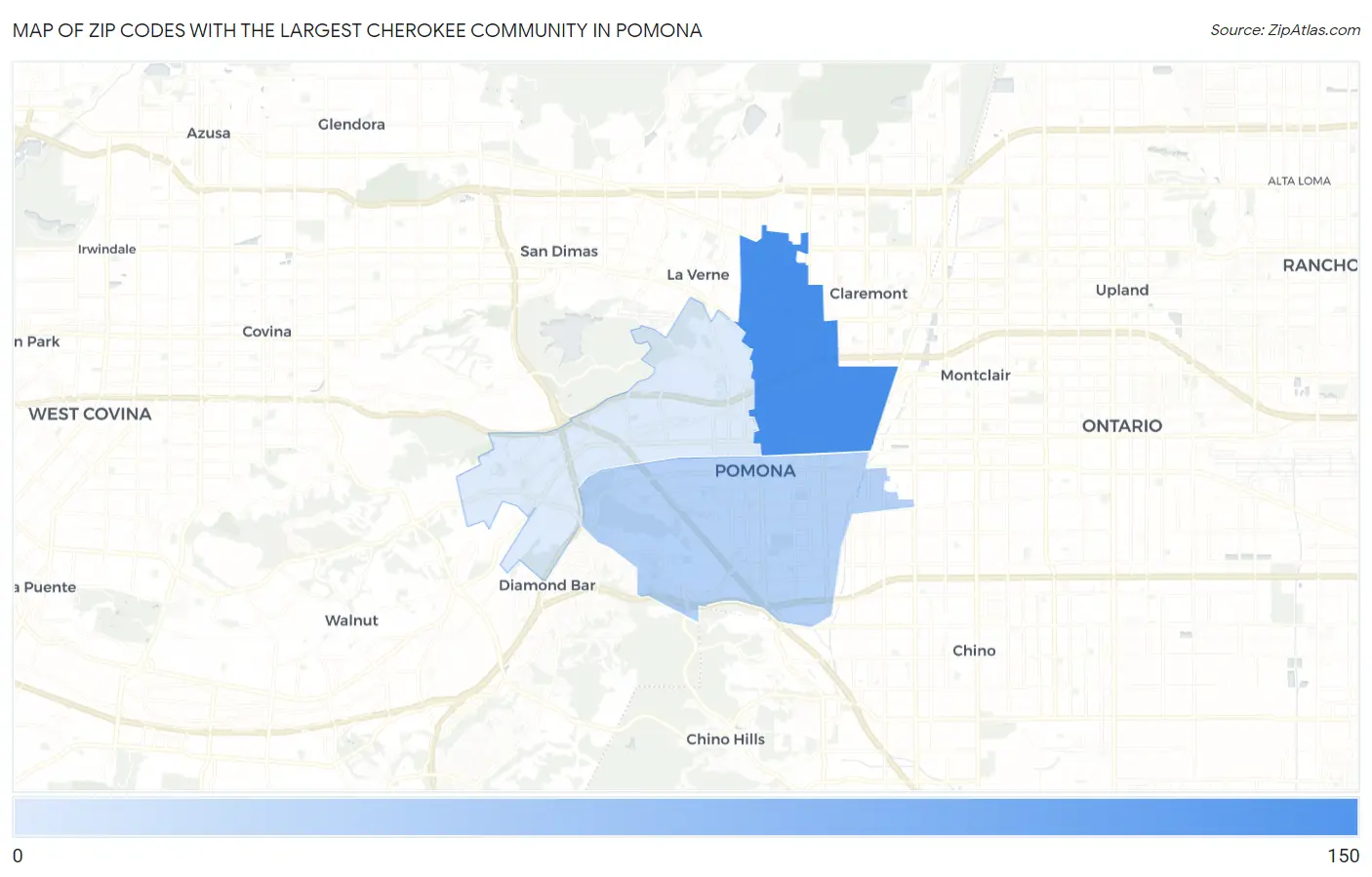 Zip Codes with the Largest Cherokee Community in Pomona Map